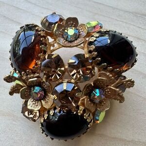 Regency‎ Jewels Brooch Pin 1.75 Inch Flower Amber Brown Crystal Rhinestone Gold